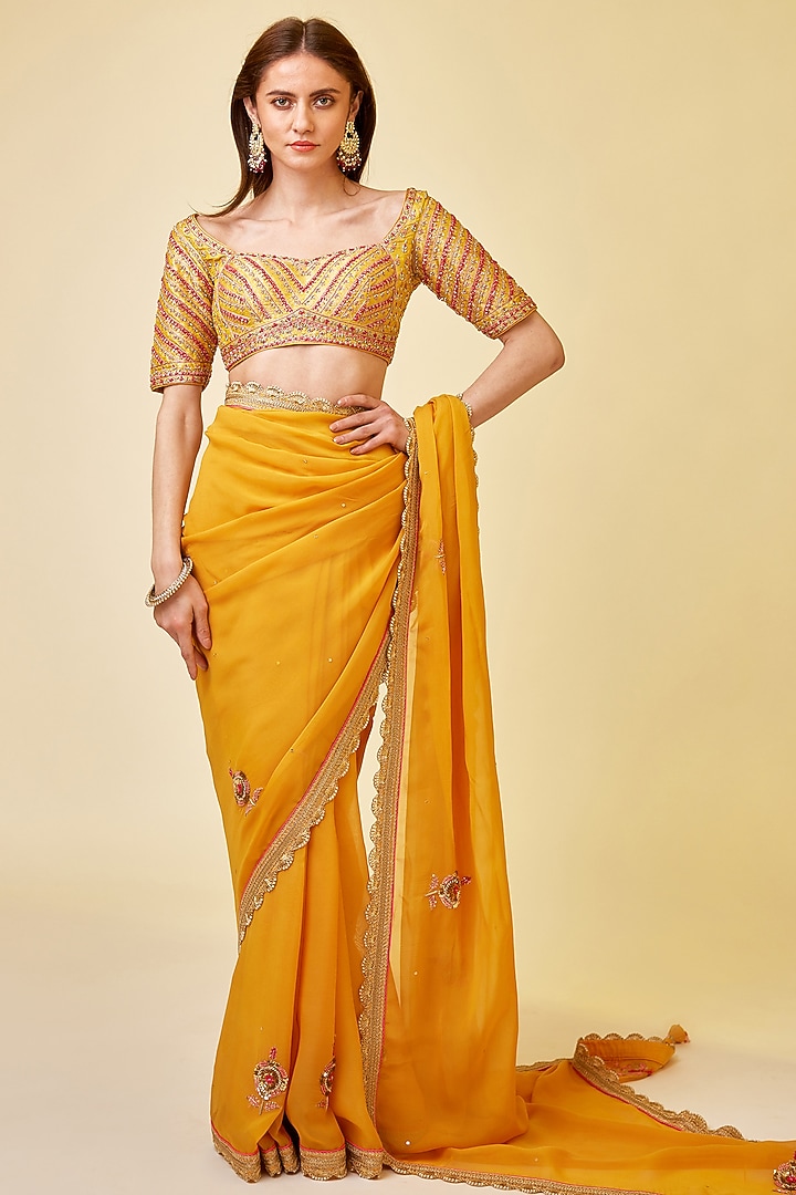 Mango Yellow Organza Embroidered Wedding Saree Set by Shyam Narayan Prasad at Pernia's Pop Up Shop