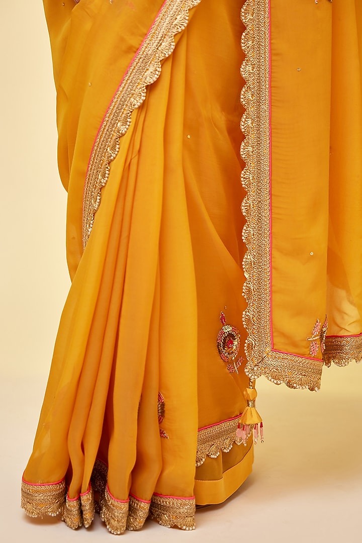 Mango Yellow Organza Embroidered Wedding Saree Set by Shyam Narayan Prasad at Pernia's Pop Up Shop