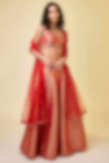 Red Brocade Sharara Set by Shyam Narayan Prasad at Pernia's Pop Up Shop