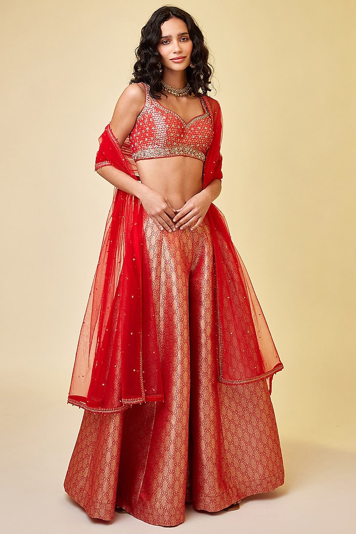 Red Brocade Sharara Set by Shyam Narayan Prasad