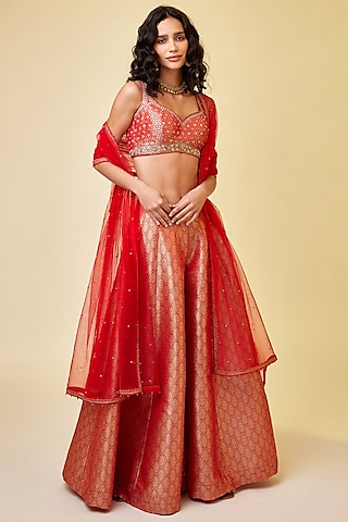 Red Brocade Sharara Set by Shyam Narayan Prasad