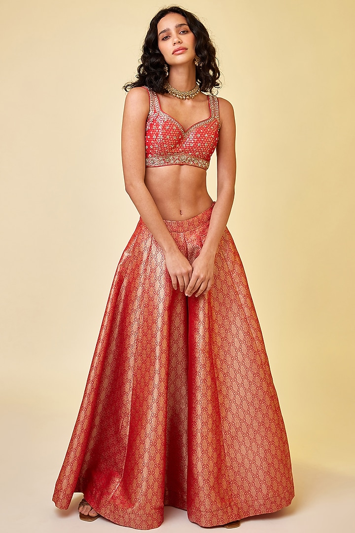 Red Brocade Party Wear Sharara Set by Shyam Narayan Prasad at Pernia's Pop Up Shop