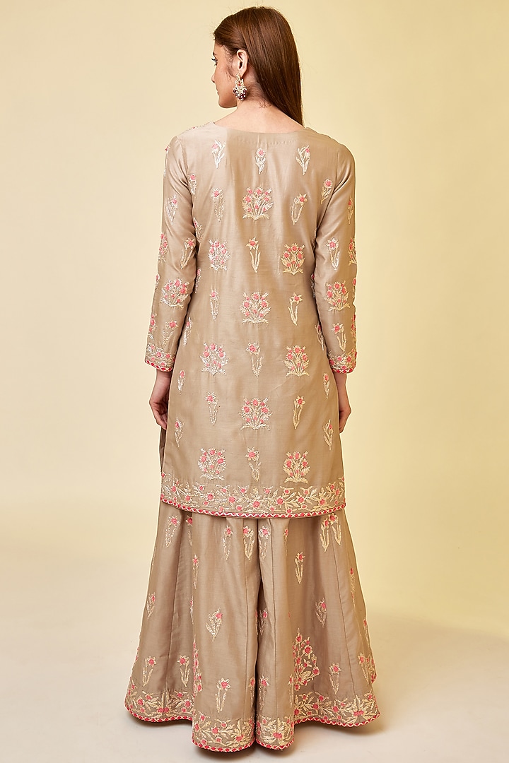 Pebble Neutral Chanderi Silk Embroidered Wedding Sharara Set by Shyam Narayan Prasad at Pernia's Pop Up Shop