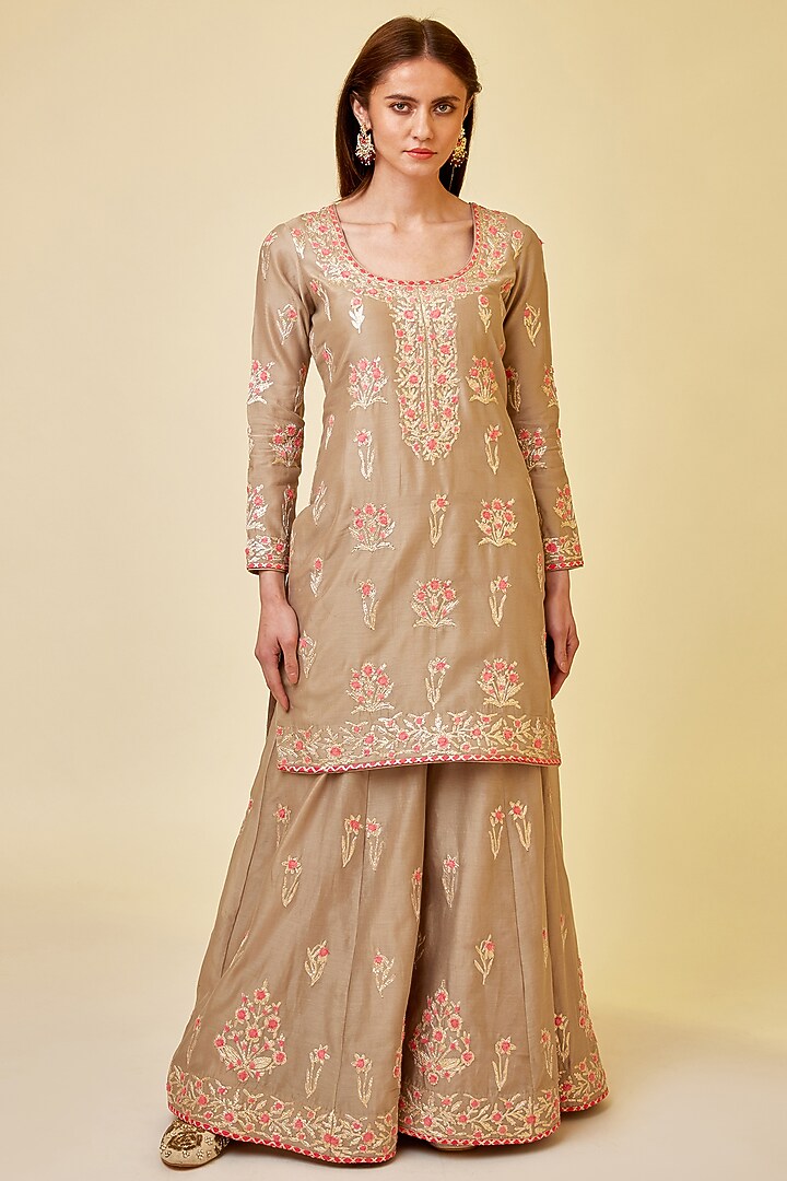 Pebble Neutral Chanderi Silk Embroidered Wedding Sharara Set by Shyam Narayan Prasad at Pernia's Pop Up Shop