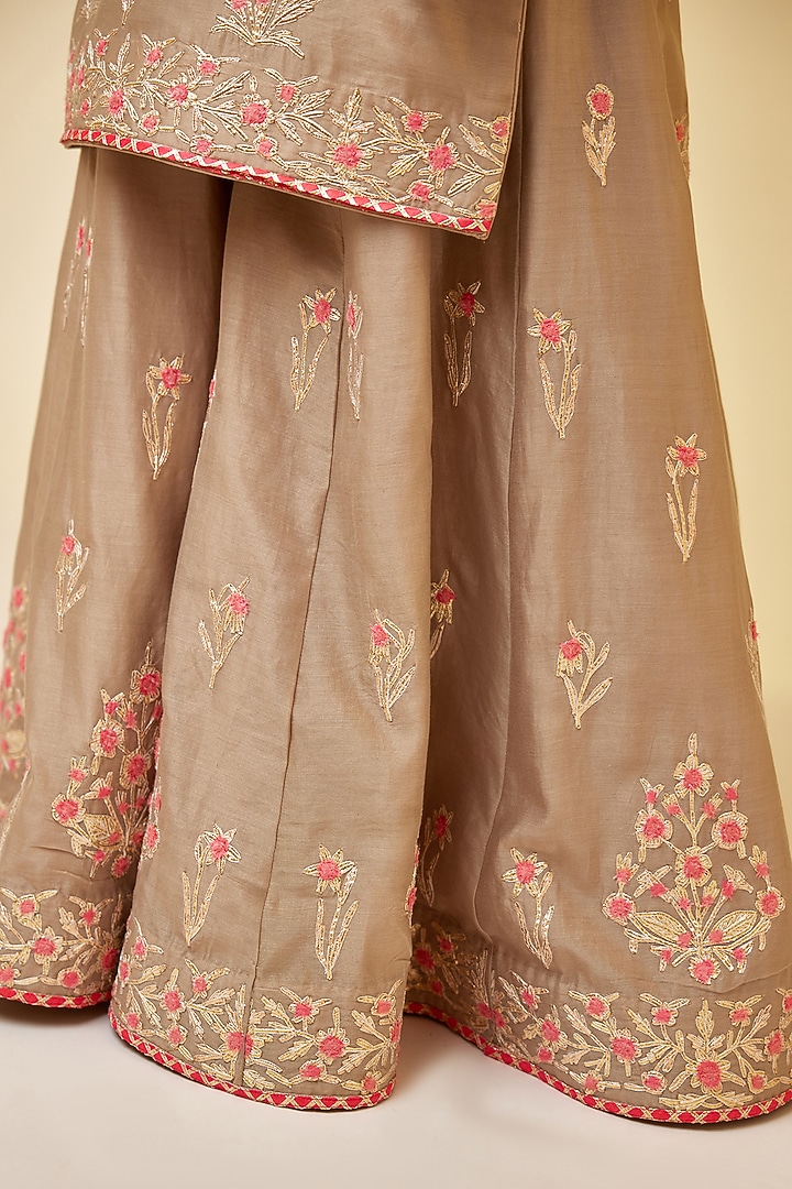Pebble Neutral Chanderi Silk Embroidered Wedding Sharara Set by Shyam Narayan Prasad at Pernia's Pop Up Shop
