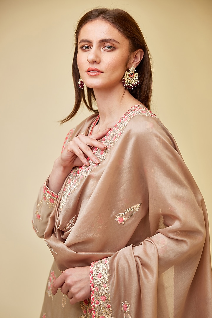 Pebble Neutral Chanderi Silk Embroidered Wedding Sharara Set by Shyam Narayan Prasad at Pernia's Pop Up Shop