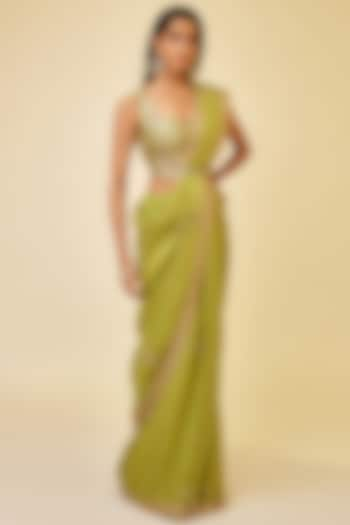 Olive Green Organza Zardosi Embroidered Saree Set by Shyam Narayan Prasad at Pernia's Pop Up Shop