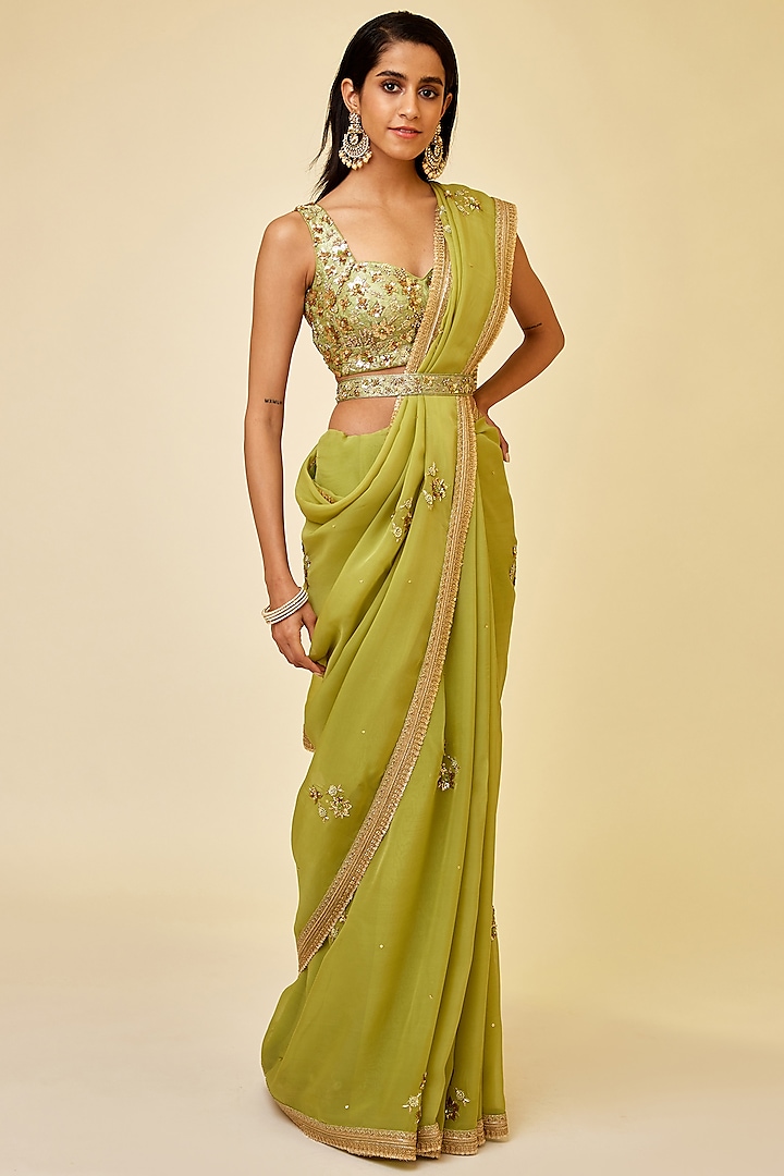 Olive Green Organza Zardosi Embroidered Saree Set by Shyam Narayan Prasad at Pernia's Pop Up Shop