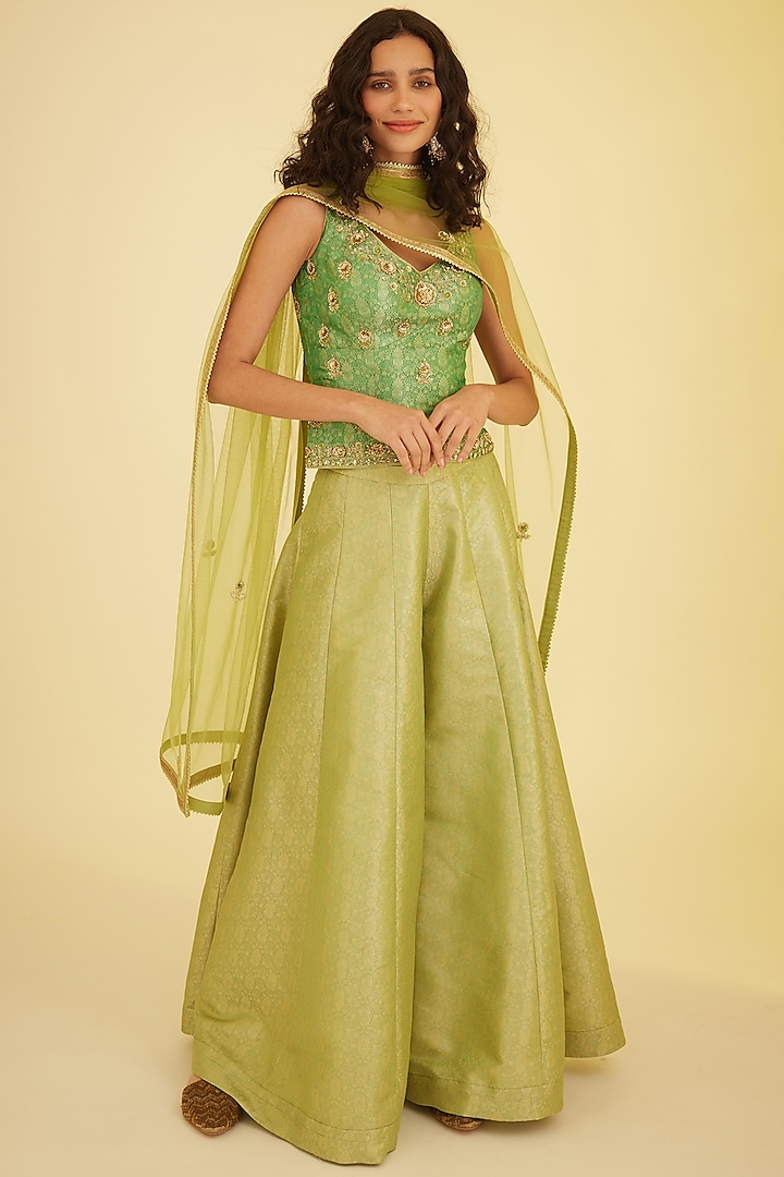 Green Brocade Sharara Set by Shyam Narayan Prasad at Pernia's Pop Up Shop