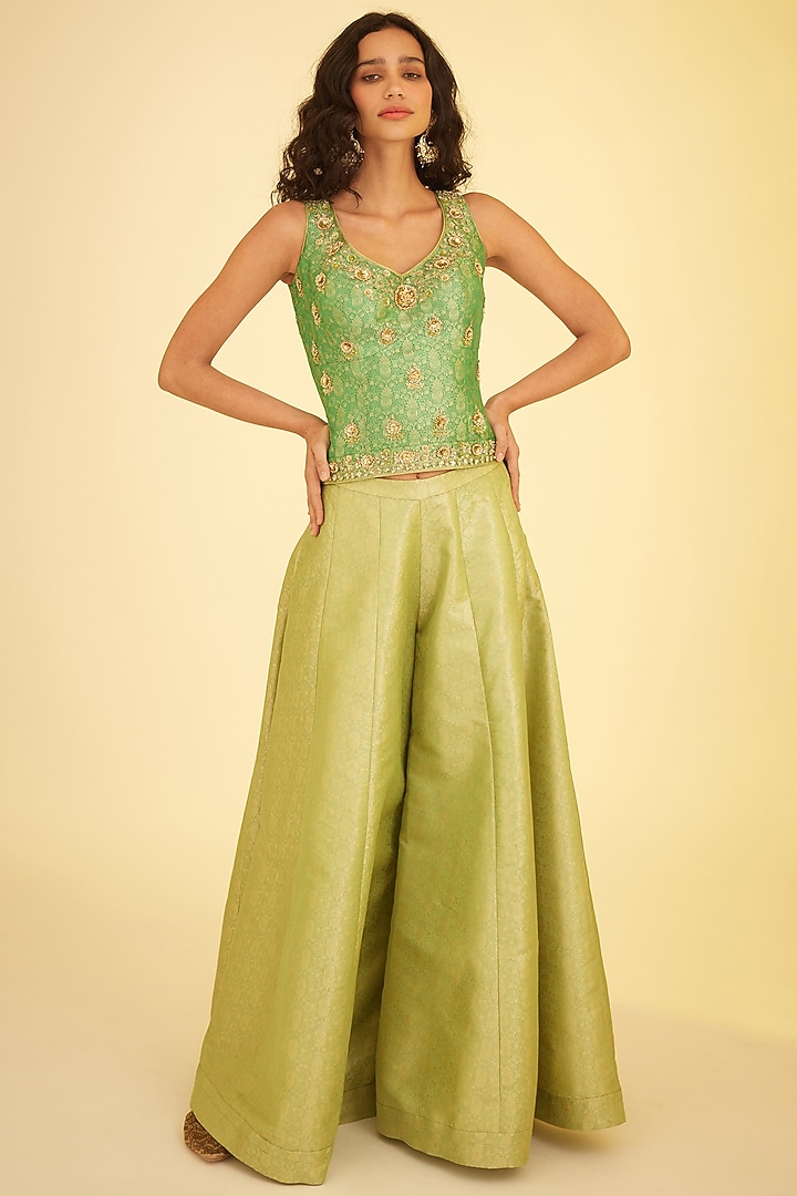 Green Brocade Party Wear Sharara Set by Shyam Narayan Prasad at Pernia's Pop Up Shop