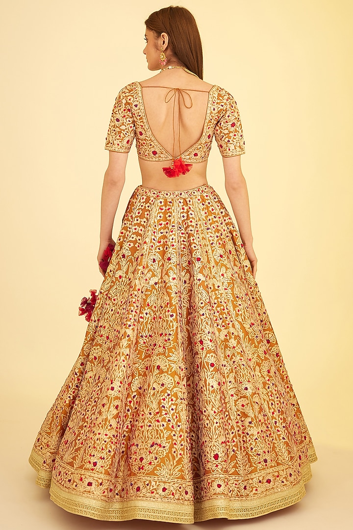 Rust Silk Embroidered Wedding Lehenga Set by Shyam Narayan Prasad at Pernia's Pop Up Shop