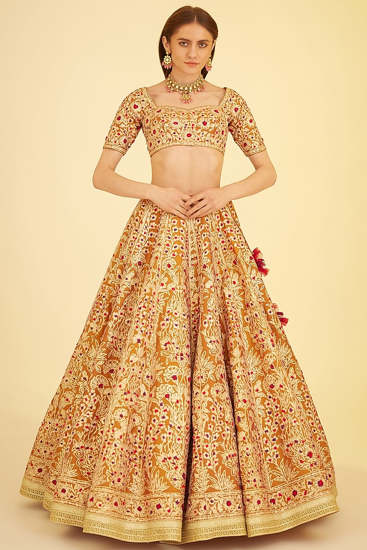 Rust Silk Embroidered Wedding Lehenga Set by Shyam Narayan Prasad at Pernia's Pop Up Shop