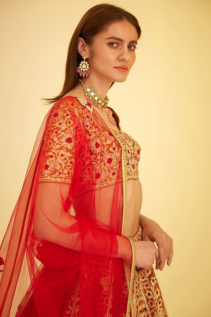 Rust Silk Embroidered Wedding Lehenga Set by Shyam Narayan Prasad at Pernia's Pop Up Shop