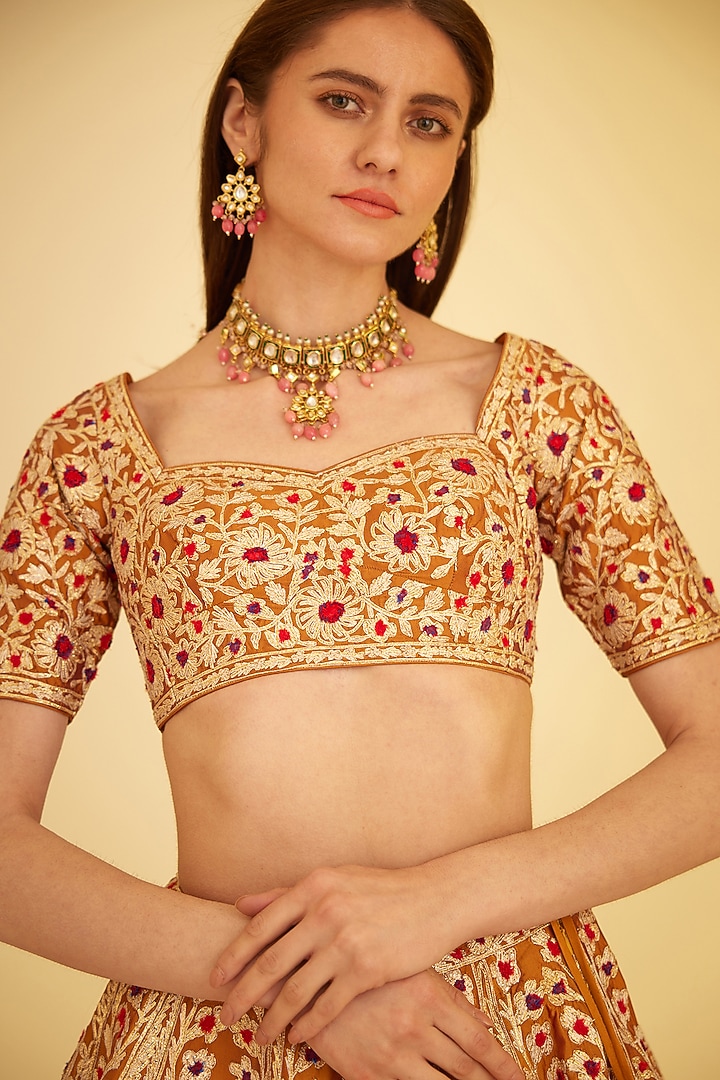 Rust Silk Embroidered Wedding Lehenga Set by Shyam Narayan Prasad at Pernia's Pop Up Shop