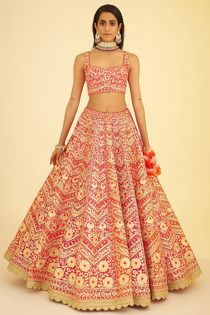 Poppy Red Silk Embroidered Wedding Lehenga Set by Shyam Narayan Prasad at Pernia's Pop Up Shop