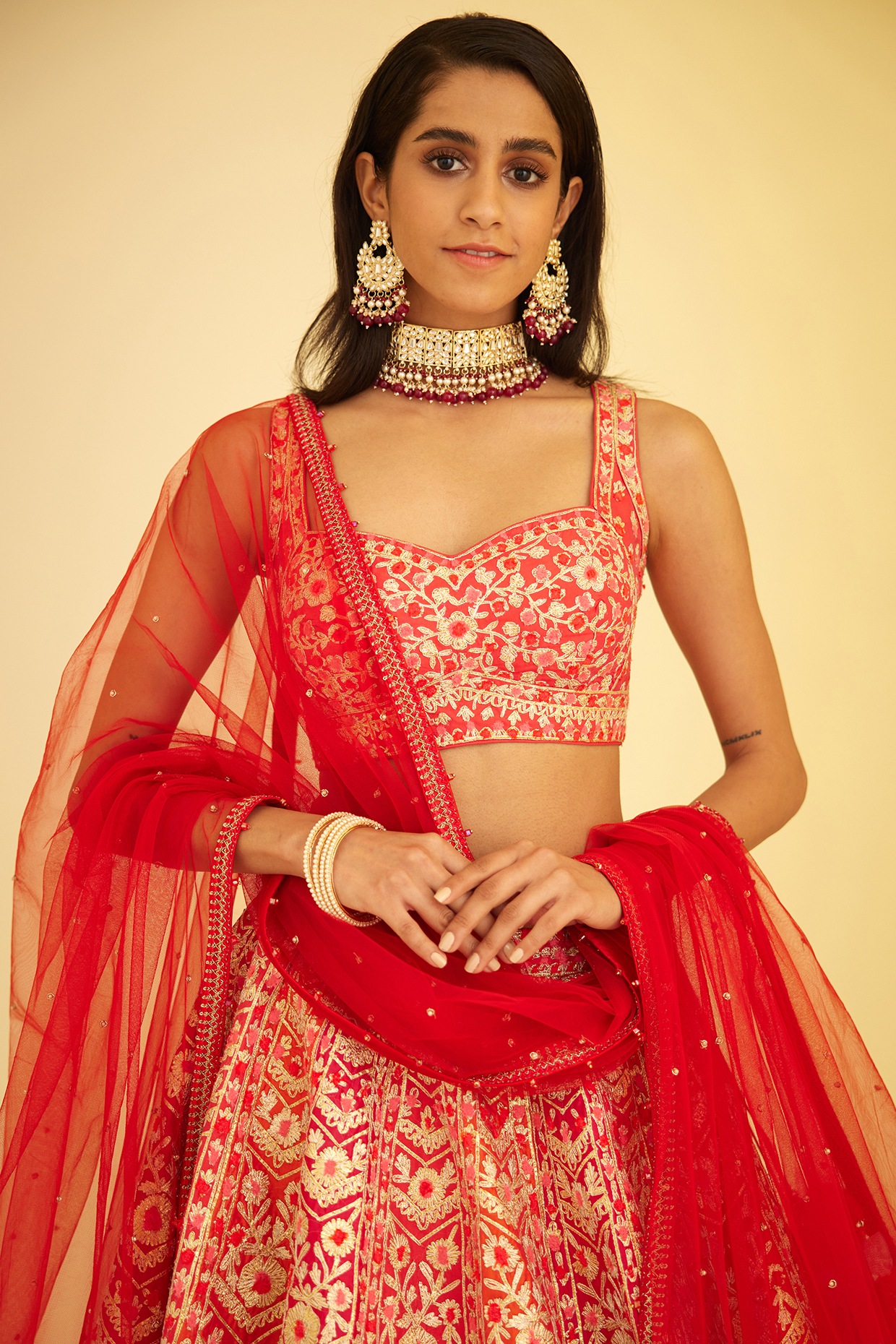Buy Red Lehenga And Blouse Raw Silk Dupatta Net V Embroidered Bridal Set  For Women by Anushree Reddy Online at Aza Fashions.