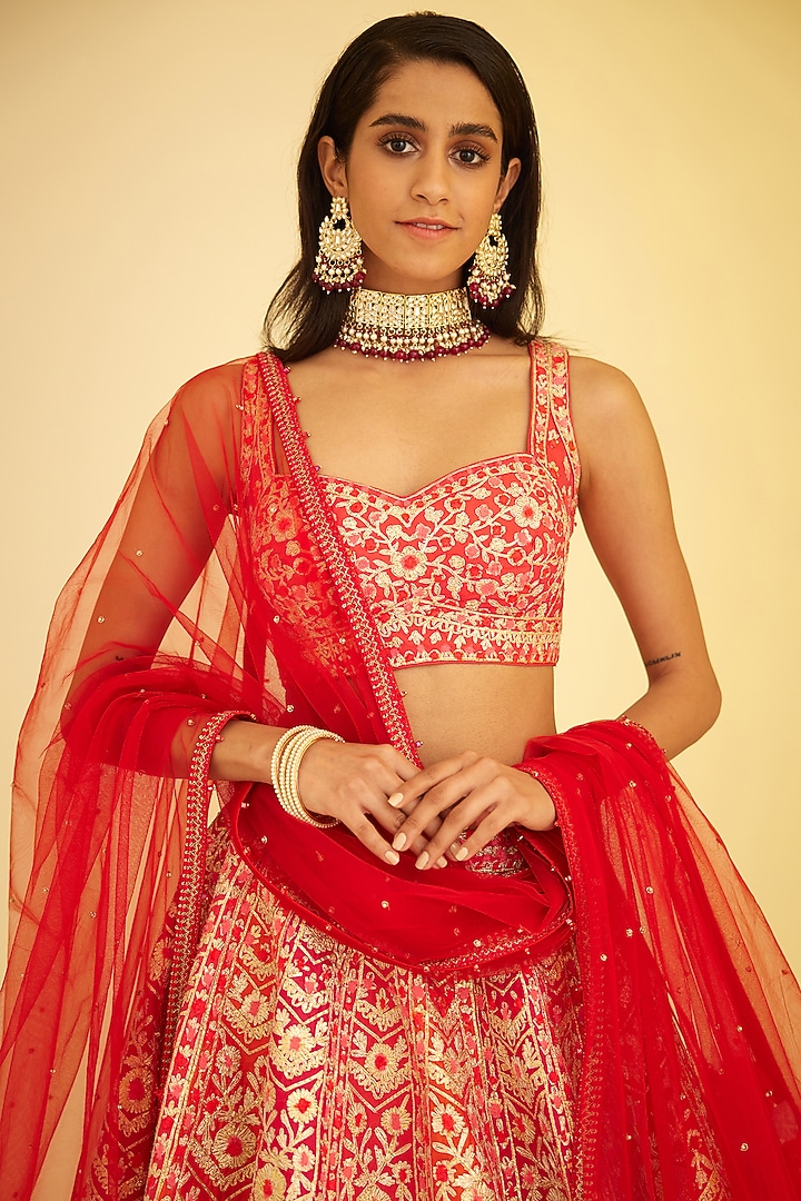 Poppy Red Silk Embroidered Wedding Lehenga Set by Shyam Narayan Prasad at Pernia's Pop Up Shop