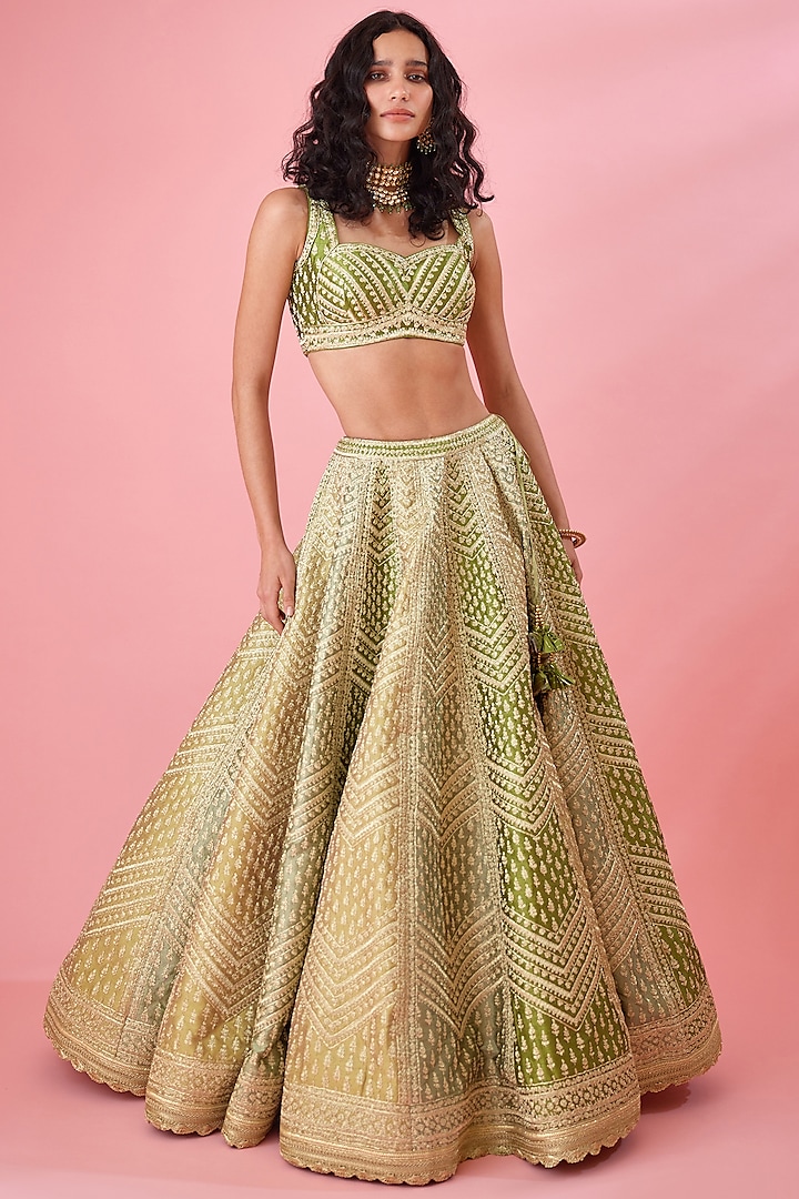 Olive Green Raw Silk & Brocade Embroidered Wedding Lehenga Set by Shyam Narayan Prasad at Pernia's Pop Up Shop
