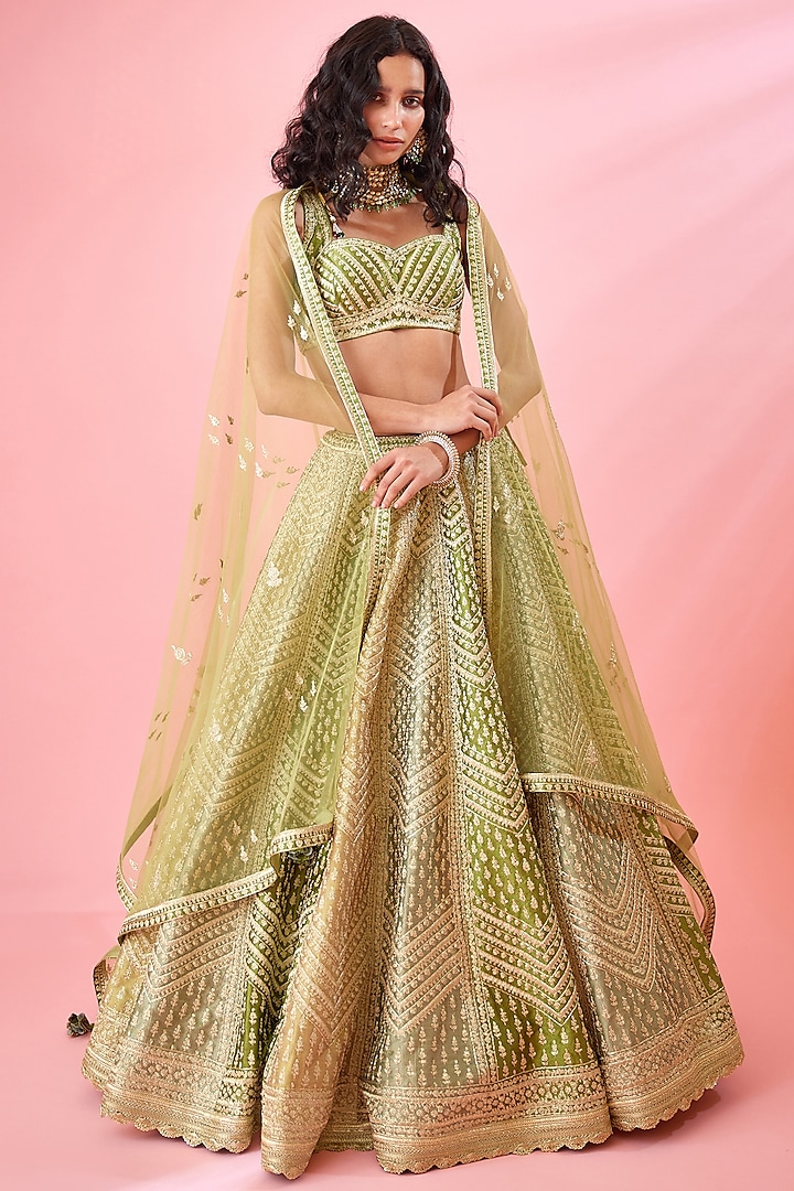 Olive Green Raw Silk & Brocade Embroidered Wedding Lehenga Set by Shyam Narayan Prasad at Pernia's Pop Up Shop