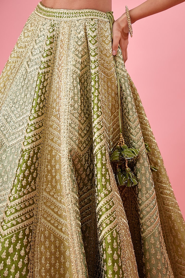 Olive Green Raw Silk & Brocade Embroidered Wedding Lehenga Set by Shyam Narayan Prasad at Pernia's Pop Up Shop