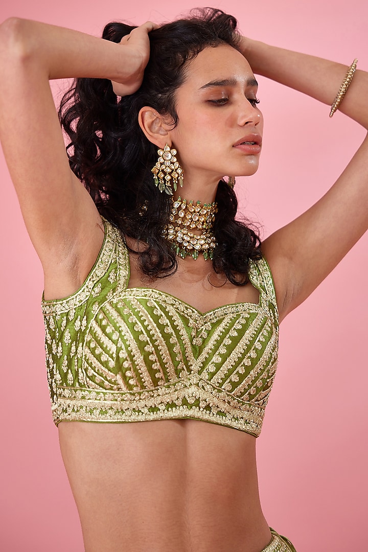 Olive Green Raw Silk & Brocade Embroidered Wedding Lehenga Set by Shyam Narayan Prasad at Pernia's Pop Up Shop