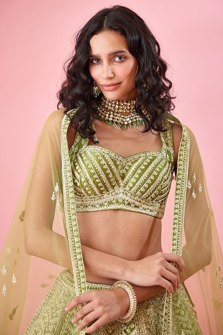 Olive Green Raw Silk & Brocade Embroidered Wedding Lehenga Set by Shyam Narayan Prasad at Pernia's Pop Up Shop