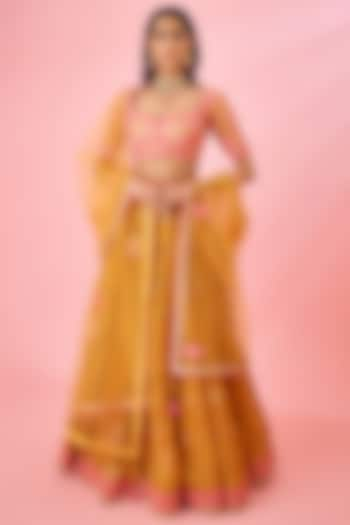 Apricot Silk Viscose Printed Wedding Lehenga Set by Shyam Narayan Prasad at Pernia's Pop Up Shop