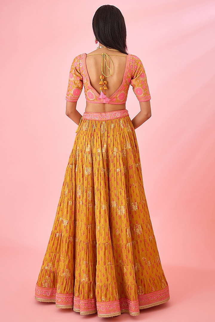 Apricot Silk Viscose Printed Wedding Lehenga Set by Shyam Narayan Prasad at Pernia's Pop Up Shop