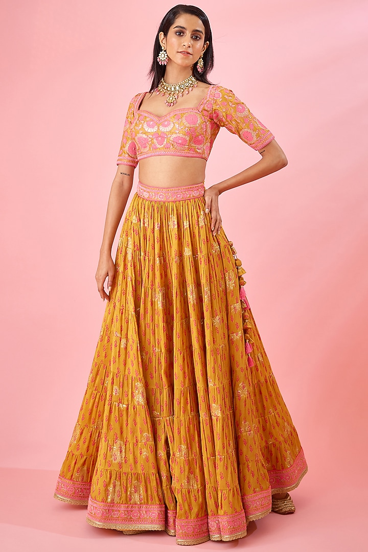 Apricot Silk Viscose Printed Wedding Lehenga Set by Shyam Narayan Prasad at Pernia's Pop Up Shop