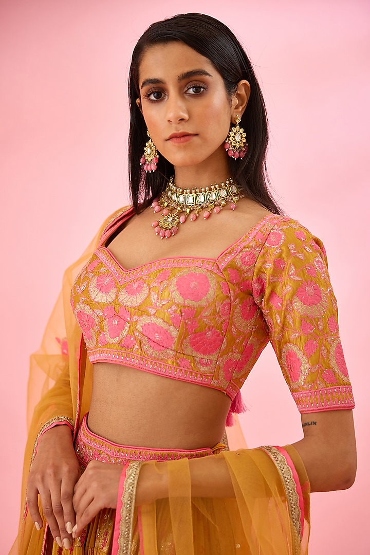 Apricot Silk Viscose Printed Wedding Lehenga Set by Shyam Narayan Prasad at Pernia's Pop Up Shop