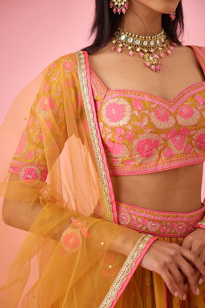 Apricot Silk Viscose Printed Wedding Lehenga Set by Shyam Narayan Prasad at Pernia's Pop Up Shop