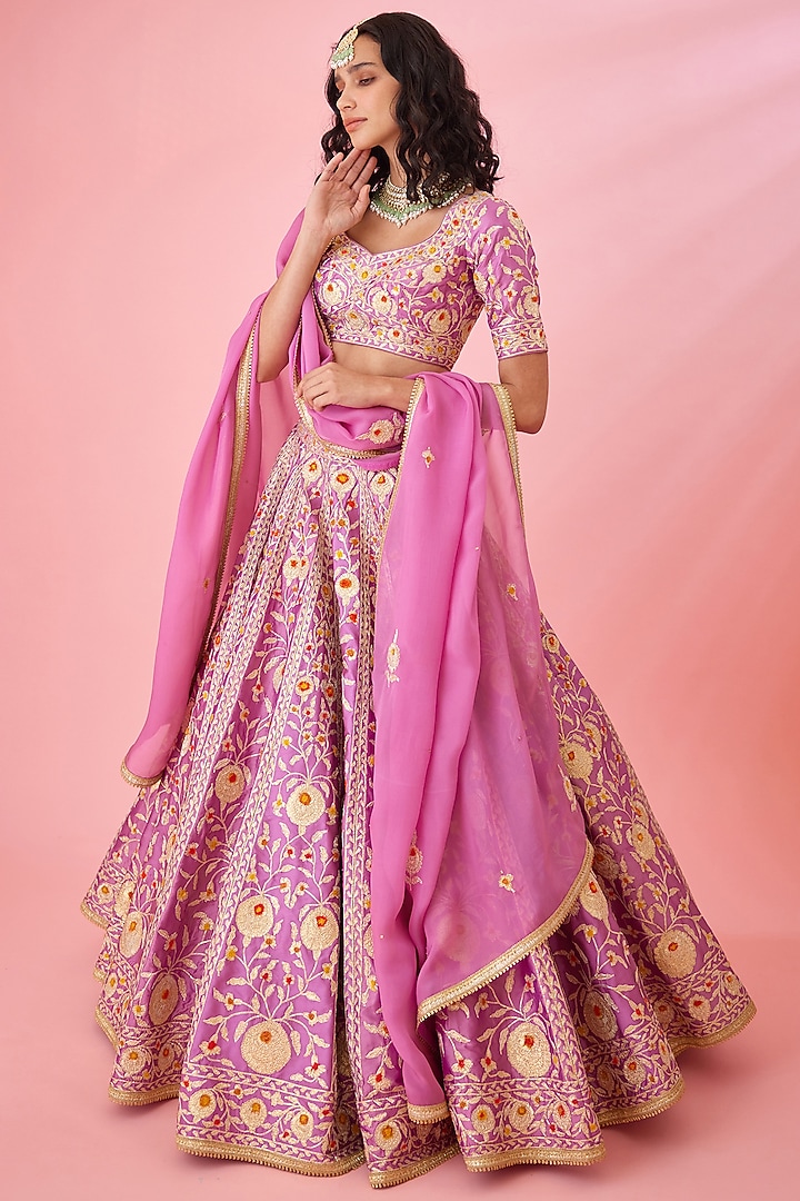 Orchid Lavender Silk Embroidered Wedding Lehenga Set by Shyam Narayan Prasad at Pernia's Pop Up Shop