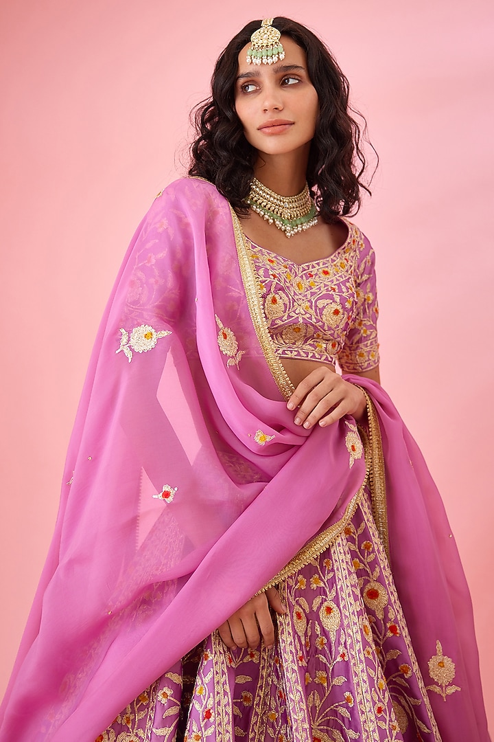 Orchid Lavender Silk Embroidered Wedding Lehenga Set by Shyam Narayan Prasad at Pernia's Pop Up Shop