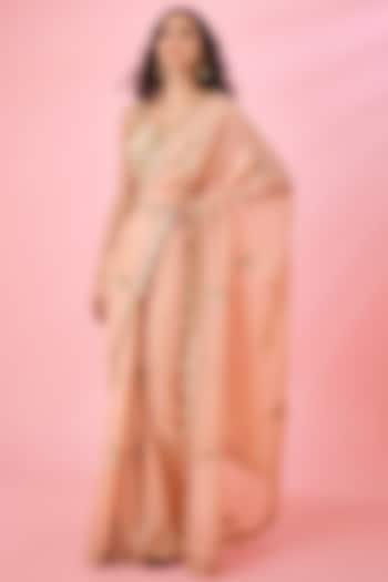 Blush Pink Organza Embroidered Saree Set by Shyam Narayan Prasad