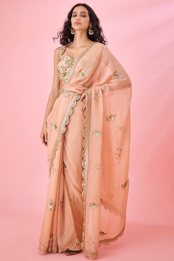 Blush Pink Organza Embroidered Saree Set by Shyam Narayan Prasad