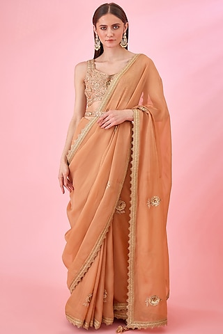 Rust Organza Embroidered Saree Set by Shyam Narayan Prasad