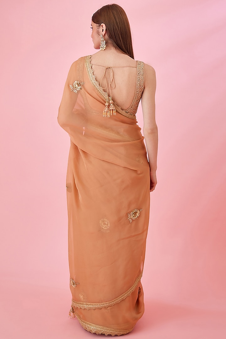 Rust Organza Embroidered Wedding Saree Set by Shyam Narayan Prasad at Pernia's Pop Up Shop