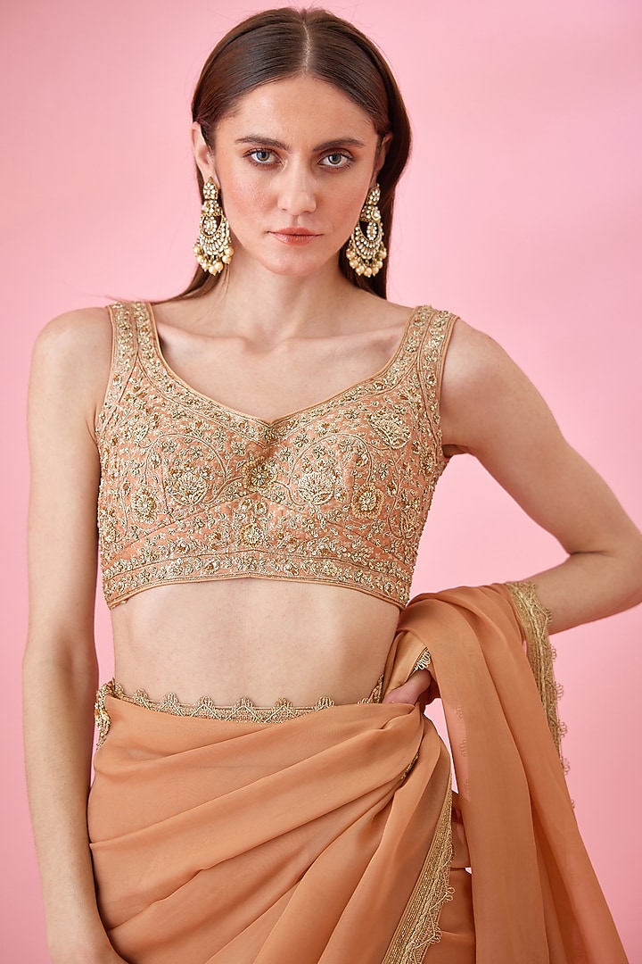 Rust Organza Embroidered Wedding Saree Set by Shyam Narayan Prasad at Pernia's Pop Up Shop