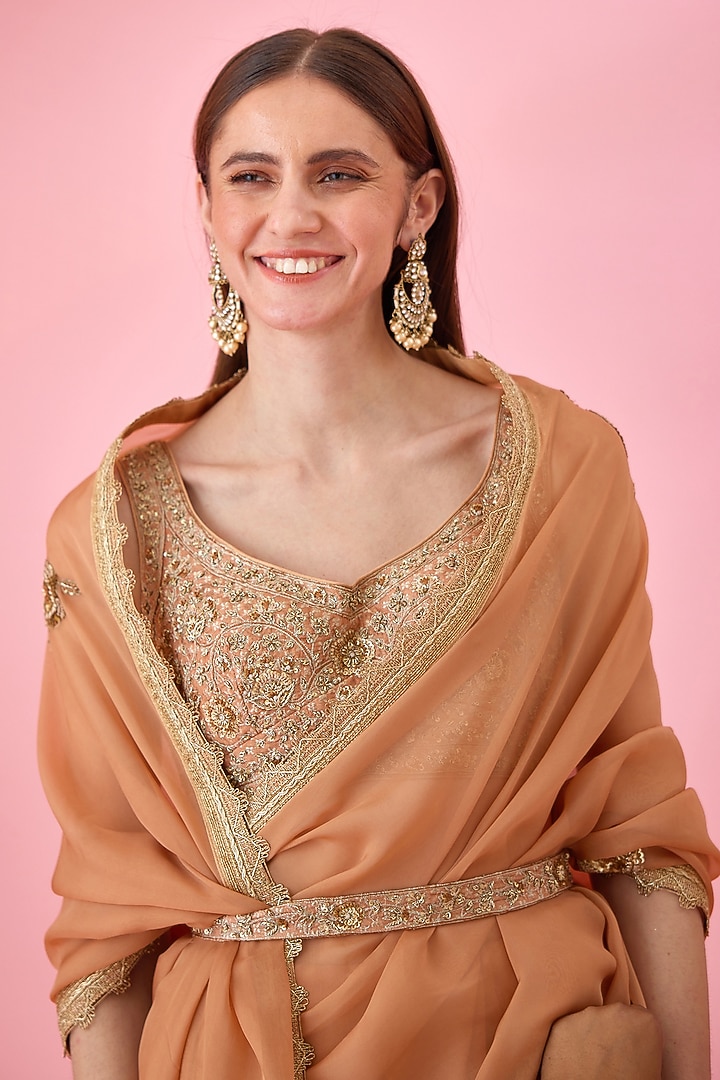 Rust Organza Embroidered Wedding Saree Set by Shyam Narayan Prasad at Pernia's Pop Up Shop