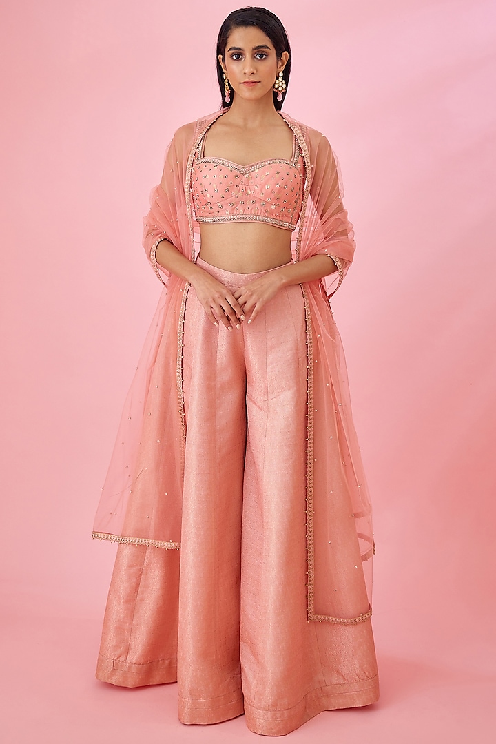 Peach Pink Brocade Sharara Set by Shyam Narayan Prasad at Pernia's Pop Up Shop