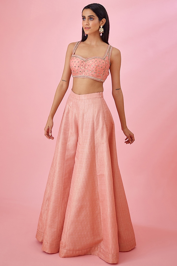 Peach Pink Brocade Party Wear Sharara Set by Shyam Narayan Prasad at Pernia's Pop Up Shop