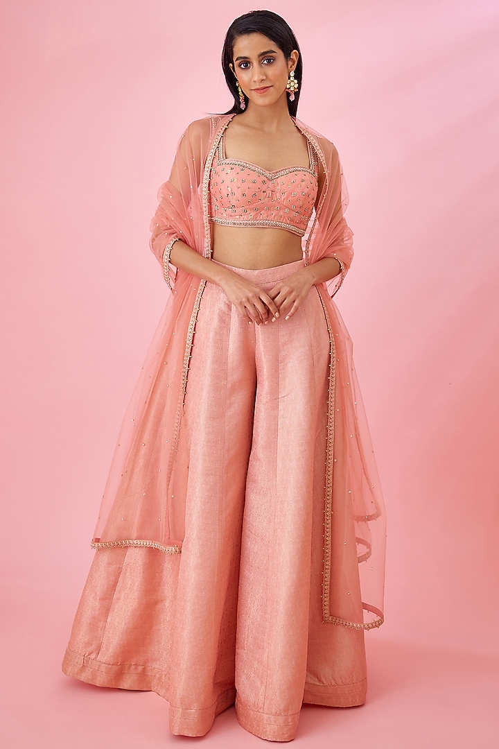 Peach Pink Brocade Party Wear Sharara Set by Shyam Narayan Prasad at Pernia's Pop Up Shop