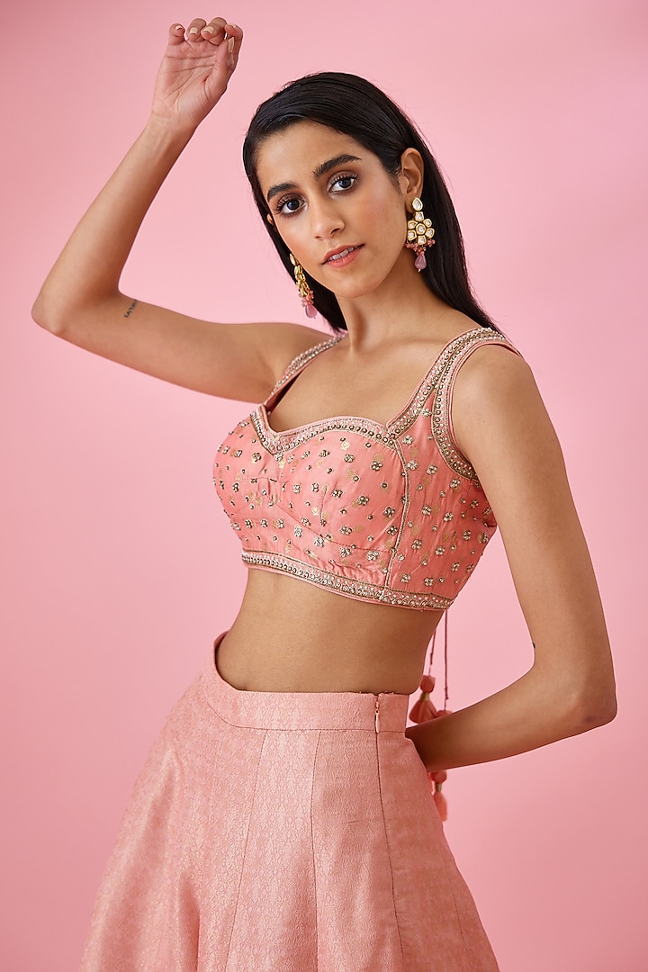 Peach Pink Brocade Party Wear Sharara Set by Shyam Narayan Prasad at Pernia's Pop Up Shop