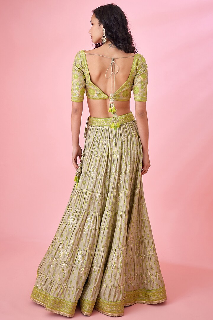 Meadow Green Silk Viscose Printed Wedding Lehenga Set by Shyam Narayan Prasad at Pernia's Pop Up Shop
