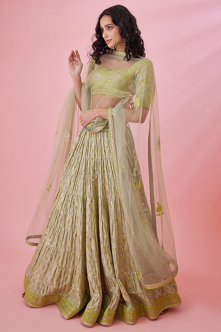 Meadow Green Silk Viscose Printed Wedding Lehenga Set by Shyam Narayan Prasad at Pernia's Pop Up Shop