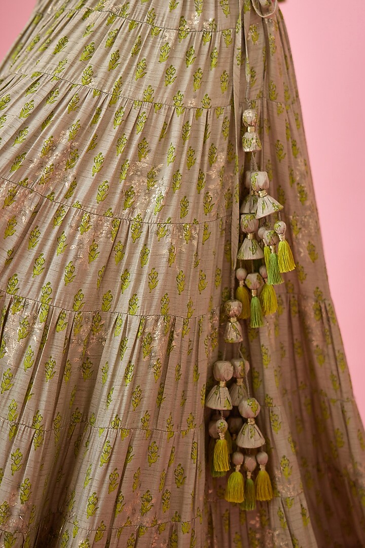 Meadow Green Silk Viscose Printed Wedding Lehenga Set by Shyam Narayan Prasad at Pernia's Pop Up Shop
