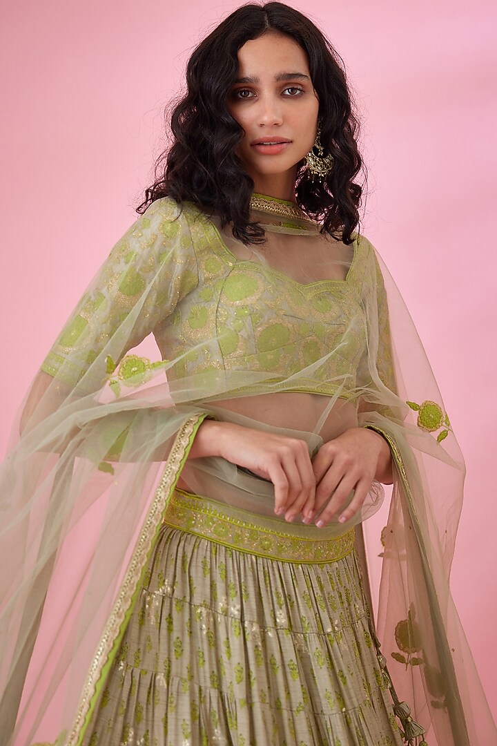Meadow Green Silk Viscose Printed Wedding Lehenga Set by Shyam Narayan Prasad at Pernia's Pop Up Shop