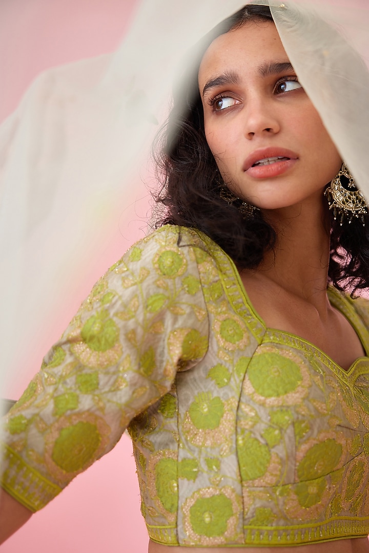 Meadow Green Silk Viscose Printed Wedding Lehenga Set by Shyam Narayan Prasad at Pernia's Pop Up Shop