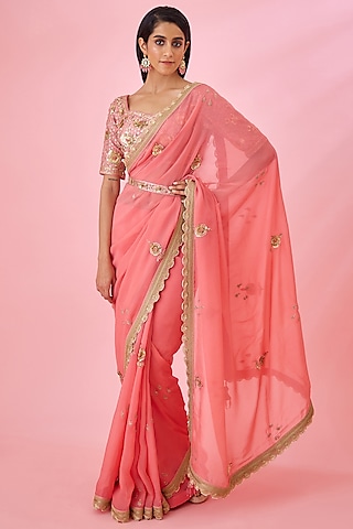 Coral Pink Organza Zardosi Embroidered Saree Set by Shyam Narayan Prasad