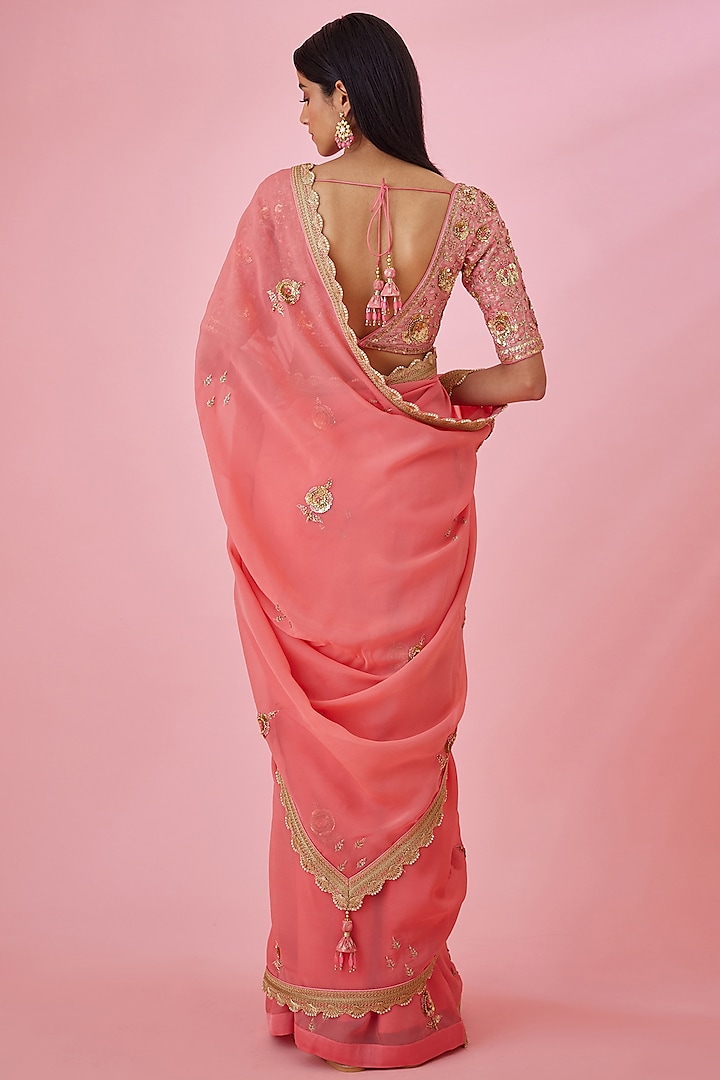 Coral Pink Organza Zardosi Embroidered Wedding Saree Set by Shyam Narayan Prasad at Pernia's Pop Up Shop